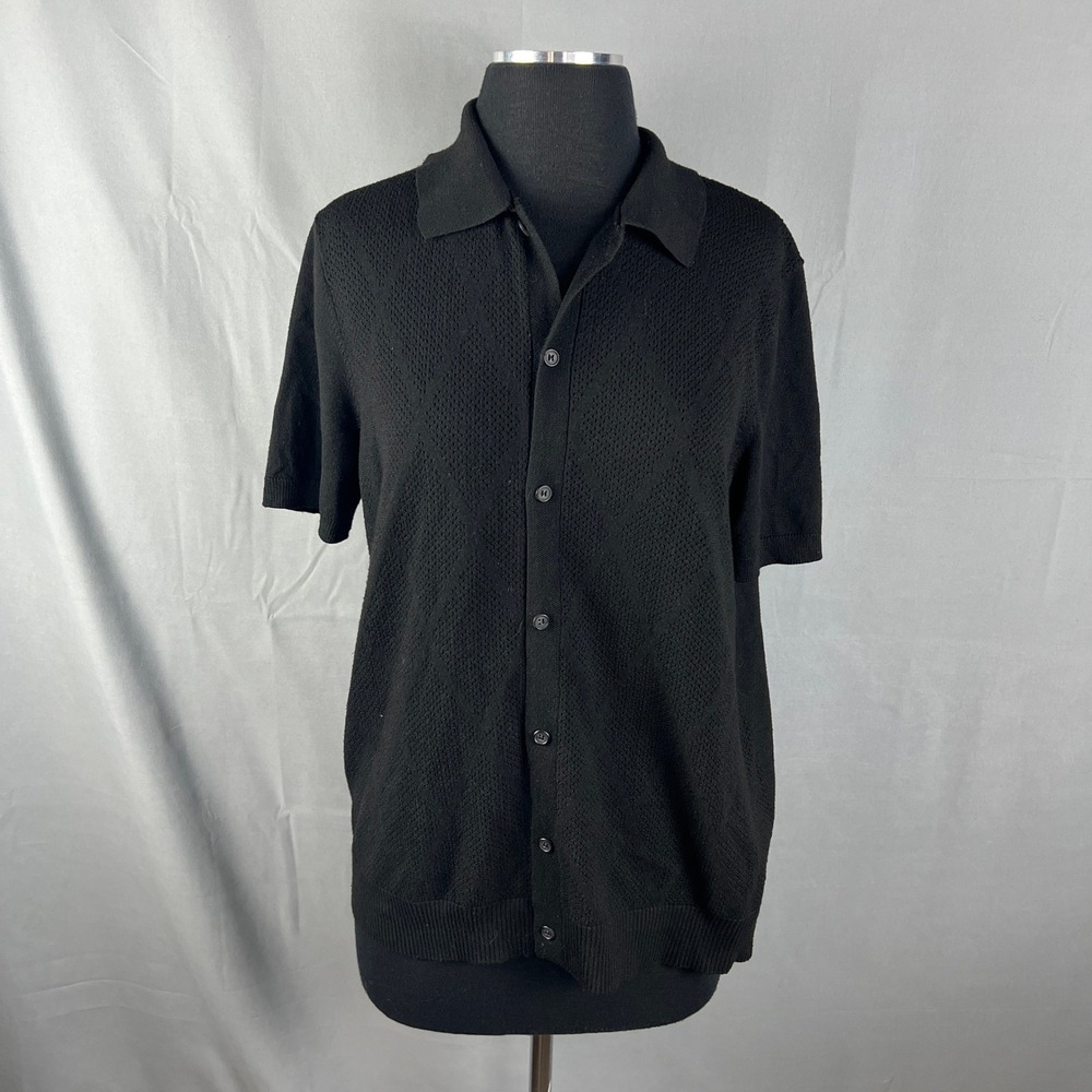 Thomas Sterling Mens Black Knit Button Up Shirt Diamond Pointelle Short Sleeve S
